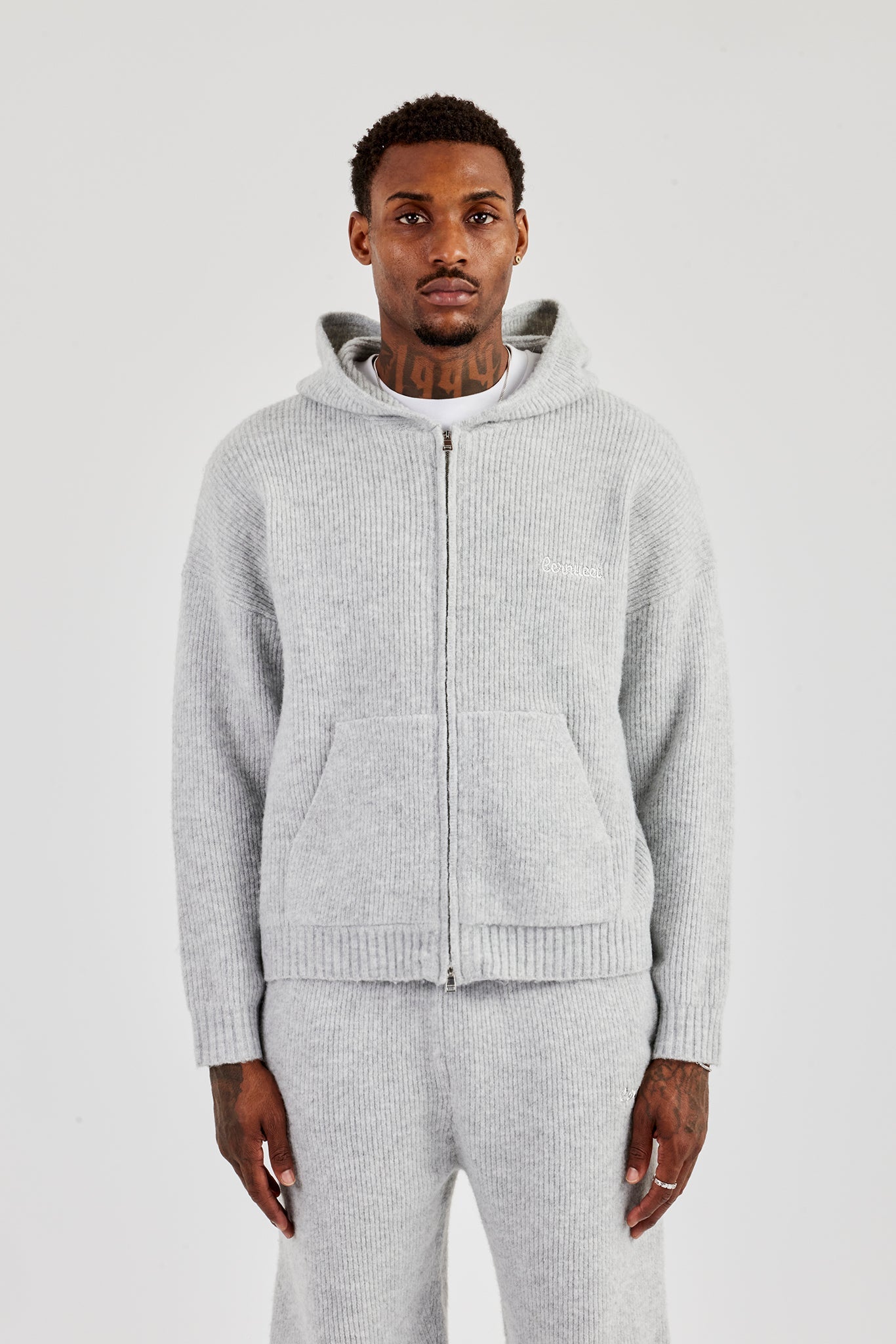 Embroidered Knitted Zip Hoodie - Light Grey